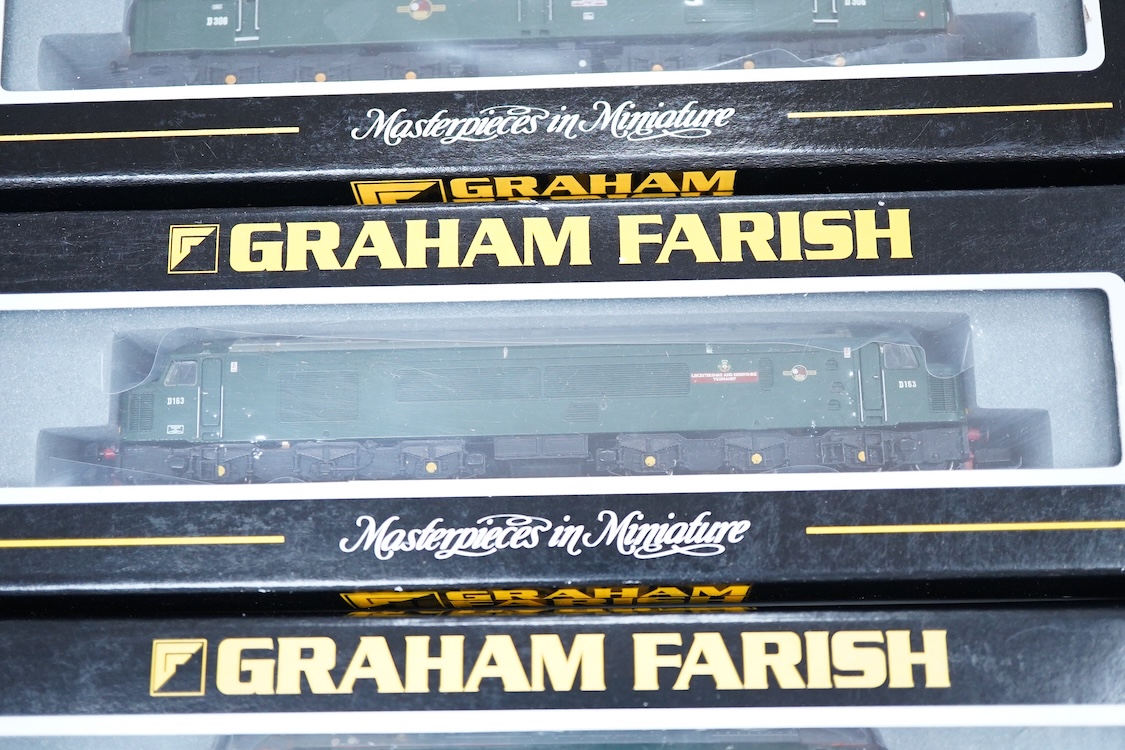 Three boxed Graham Farish N gauge railway diesel locomotives; a BR class 37/4, Ben Cruachan D6607 (371156), a BR class 40, Atlantic Conveyor D306 (371-175), and a BR class 46, Leicestershire and Derbyshire Yeomanry D163
